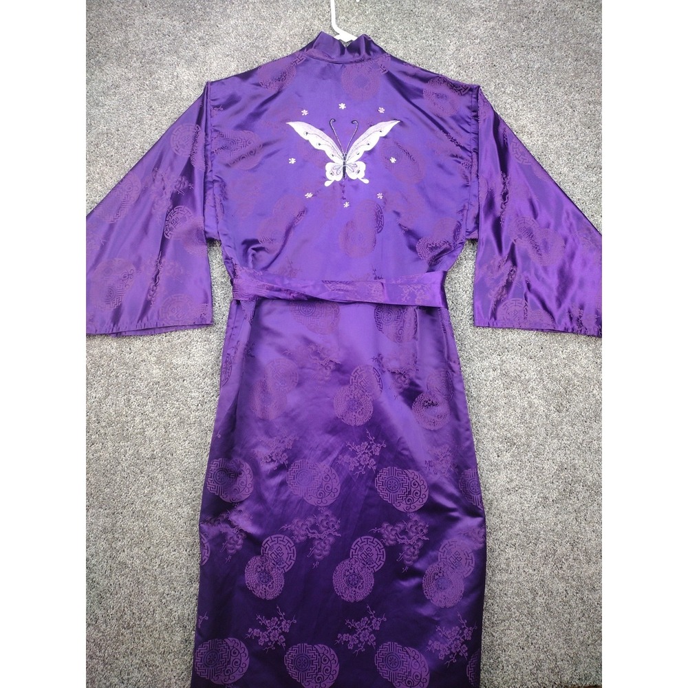 Vintage Japanese Belted Kimono Silky Dark Purple W Huge Butterfly Robe MCM 70's - Picture 10 of 16